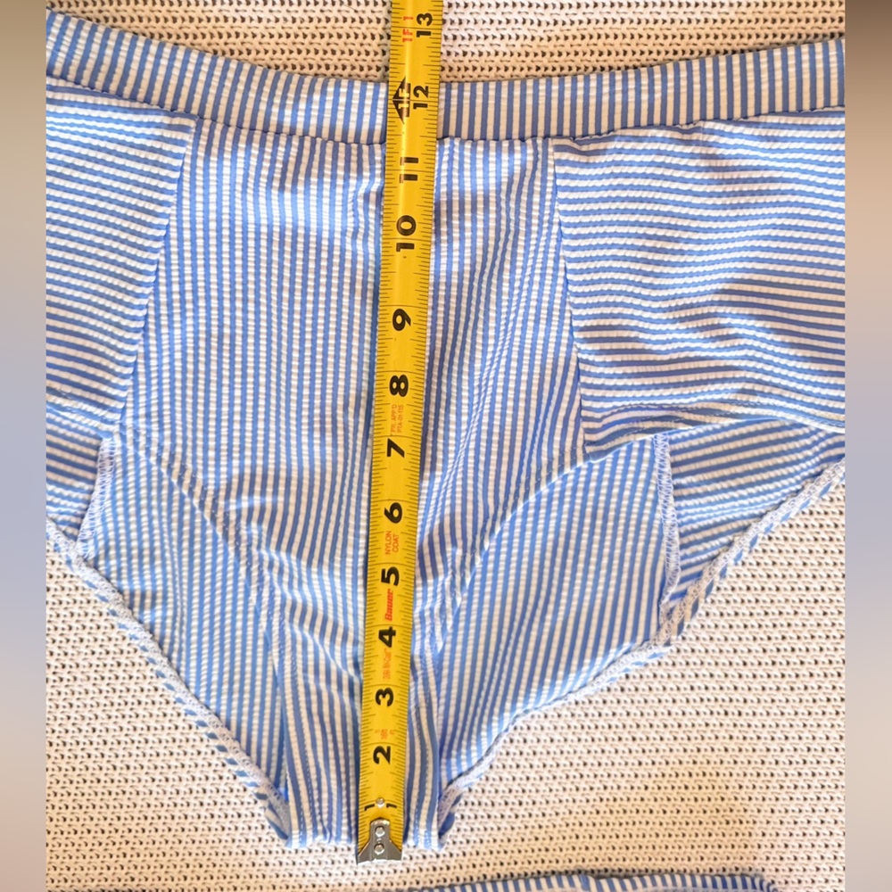 Seersucker Ruffle Bandeau Blue & White Striped Bikini Swimsuit - Picture 10 of 13